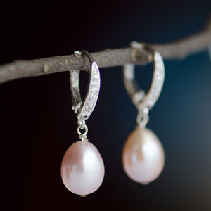 Lavender freshwater pearl drop on CZ Sterling Silver earrings,  Bridal Earrings, Bridesmaids