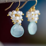 Aqua Blue Calcedony Freshwater Pearl Cluster Gold Gemstone Earrings