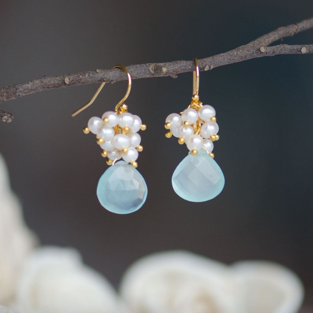 Aqua Blue Calcedony Freshwater Pearl Cluster Gold Gemstone Earrings