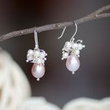 High Luster Lavender Freshwater Pearl Cluster Drop Earrings, Sterling Silver Posts