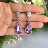 Purple Swarovski Long Teardrop Crystal on Cubic Zirconia Bridal Earrings