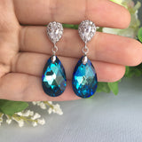 Bermuda Blue Swarovski Pear Shape Crystal on Cubic Zirconia Bridal Earrings