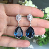Montana Blue Swarovski Pear Shape Crystal on Cubic Zirconia Bridal Earrings