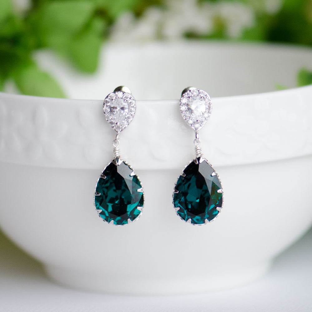 Emerald Swarovski Pear Shape Crystal on Cubic Zirconia Bridal Earrings