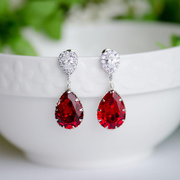 Siam Deep Red Swarovski Pear Shape Crystal on Cubic Zirconia Bridal Earrings