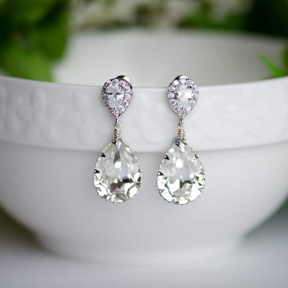Clear Swarovski Pear Shape Crystal on Zirconia Cubic Bridal Earrings