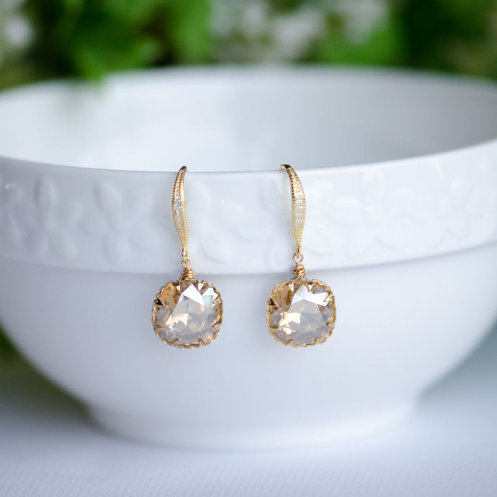 Golden Shadow Swarovski Cushion Shape Crystals on Sterling Silver Earrings, handmade bridal earrings