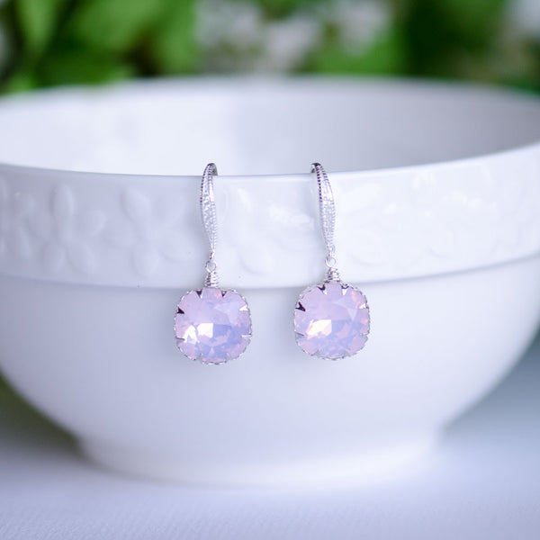 Pink Opal Swarovski Cushion Shape Crystal Earrings on Sterling Silver Bridal Earrings