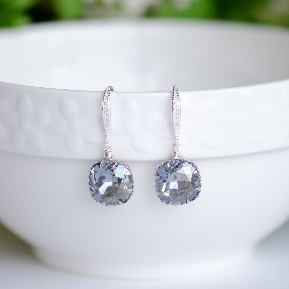 Blue Shade Swarovski Cushion Shape Earrings on Cubic Zirconia Sterling Silver Bridal Earrings