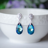 Bermuda Blue Swarovski Pear Shape Crystal on Cubic Zirconia Bridal Earrings