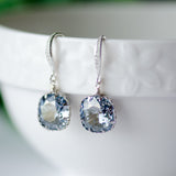 Blue Shade Swarovski Cushion Shape Earrings on Cubic Zirconia Sterling Silver Bridal Earrings