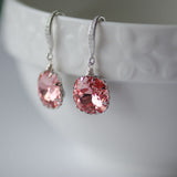 Rose Peach Swarovski Cushion Shape Crystal on Sterling Silver Bridal Earrings