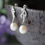 Freshwater Pearl on Cubic Zirconia Love Knot Drop Earrings, Bridal Earrings