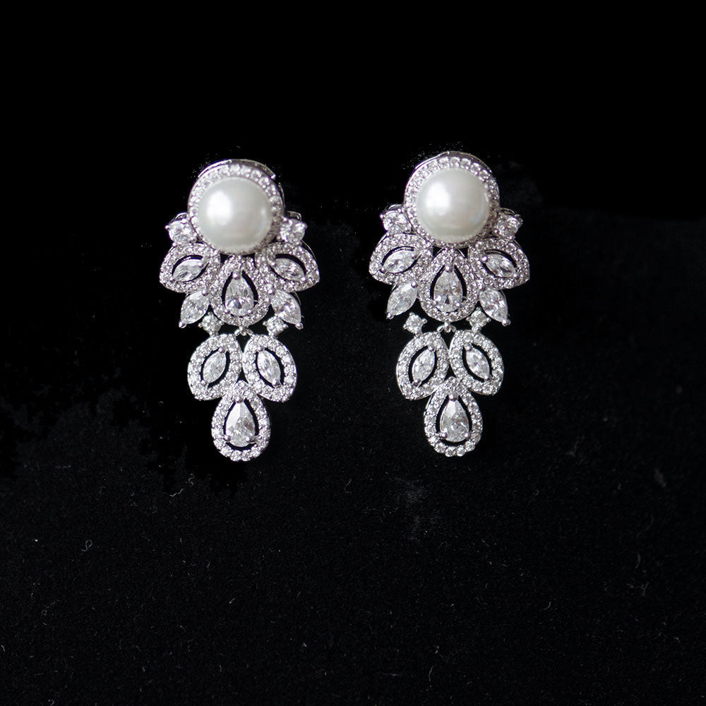 Pearl Floral Micropaved Cubic Zirconia Bridal Earrings, Studs Wedding Earrings