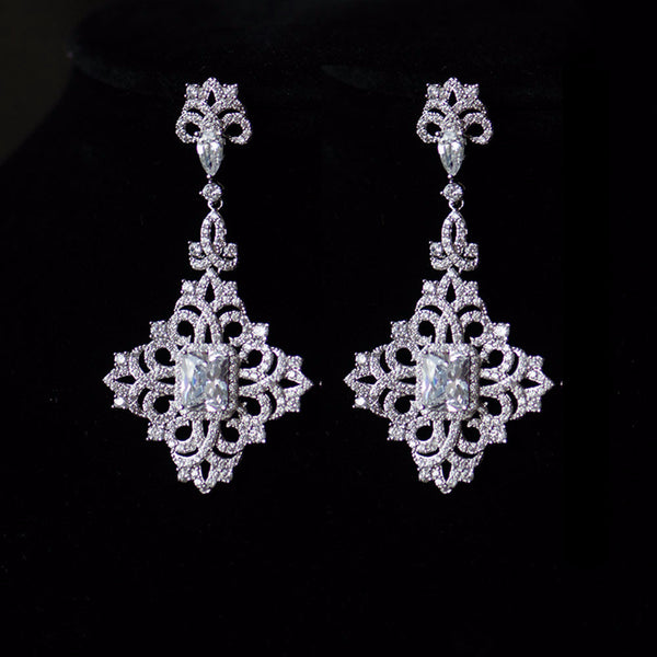 Gothic Diamond Shape Micro-Paved Chandelier Bridal Earrings
