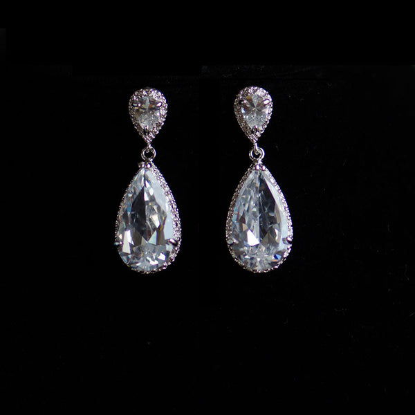 Classic Teardrop Clear Cubic Zirconia Crystal Bridal Earrings