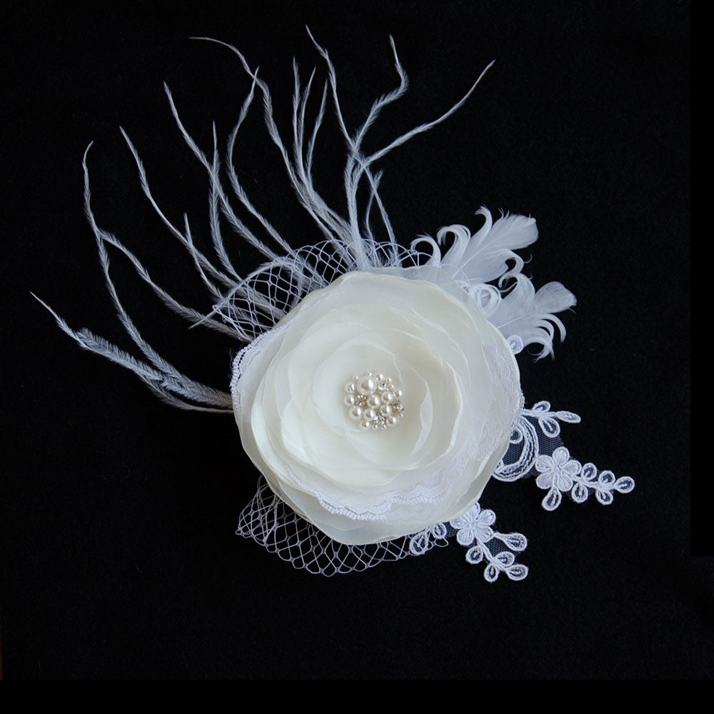 White Chiffon Flower Feather Fascinator with Swarovski Elements, Bridal Hair Flower