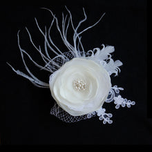 Load image into Gallery viewer, White Chiffon Flower Feather Fascinator with Swarovski Elements, Bridal Hair Flower
