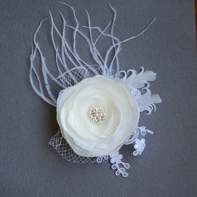 White Chiffon Flower Feather Fascinator with Swarovski Elements, Bridal Hair Flower