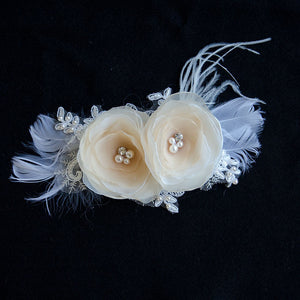 Bridal Veil & Hair Accessories, Duo Champagne Chiffon Fascinator, Hair Flowers, Feather Fascinator for brides and bridesmaids