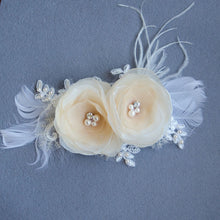 Load image into Gallery viewer, Duo Beige Chiffon Fascinator, Hair Flowers,  Feather Fascinator for brides and bridesmaids