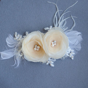 Duo Beige Chiffon Fascinator, Hair Flowers,  Feather Fascinator for brides and bridesmaids