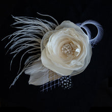 Load image into Gallery viewer, Bridal Veils &amp; Hair Accessories, Champagne Fabric Feather Fascinator with Swarovski Elements, Fabric Hair Flower