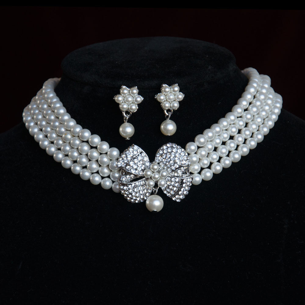Vintage Ribbon Pearl Chooker Bridal Jewellery Set, Cubic Zirconia Necklace and Earrings