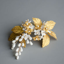 Load image into Gallery viewer, Porcelain Flowers in Gold Handmade Bridal Headpiece, Gold Hair Comb