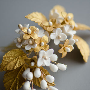 Porcelain Flowers in Gold Handmade Bridal Headpiece, Gold Hair Comb