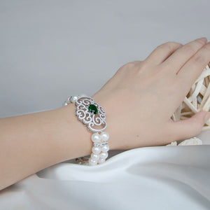 Vintage Emerald Double Rows Freshwater Pearls Micro Paved Wedding Bracelet, Bride, Bridesmaids