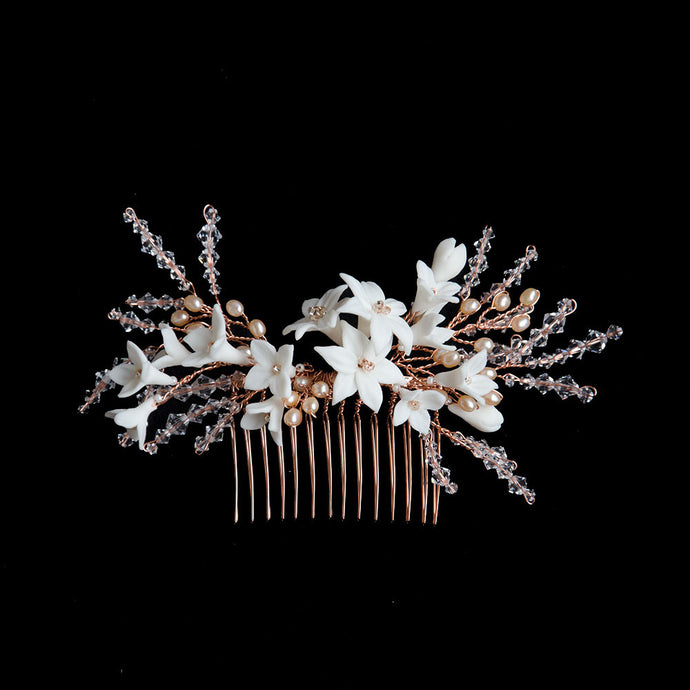 Porcelain Lily in Swarovski Crystals Branches Handmade Bridal Headpiece in Rose Gold