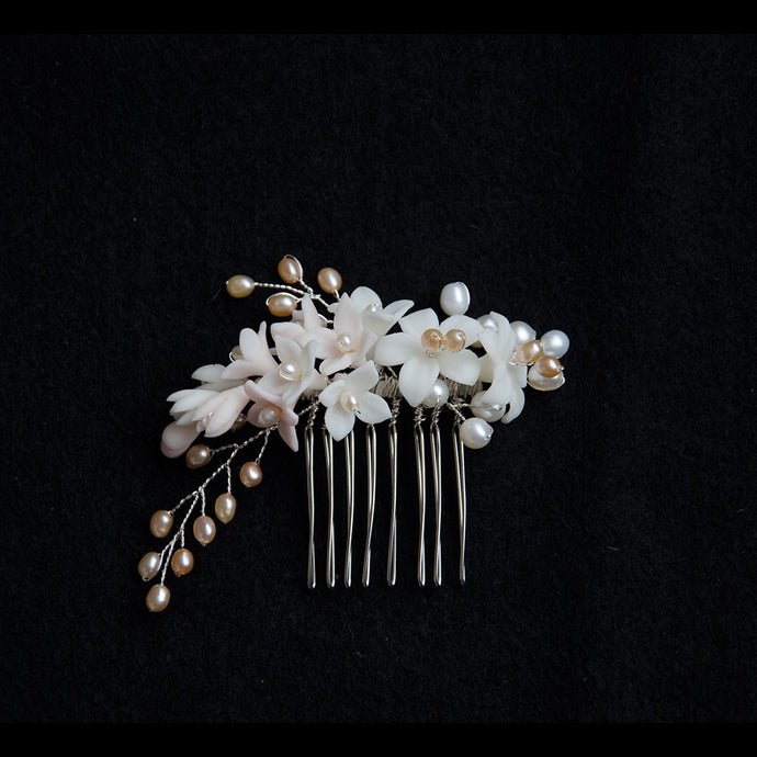 Porcelain Lily Cluster with Pearls in Blush Tones Handmade Bridal Headpiece