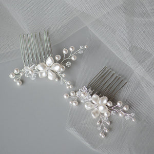 Set for 2 Petite Swarovski White Pearls Handmade Bridal Comb Set