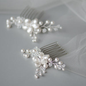 Set for 2 Petite Swarovski White Pearls Handmade Bridal Comb Set
