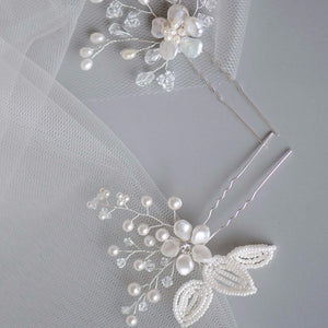 Petite Natural Keshi Pearls Flower Pin Headpiece, Handmade Bridal Headpiece