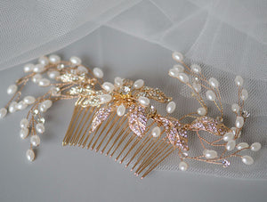 Golden Rhinestones Leaves Pearls Handmade Bridal Headpiece, Wedding Hair Comb