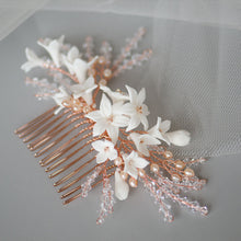 Load image into Gallery viewer, Porcelain Lily in Swarovski Crystals Branches Handmade Bridal Headpiece in Rose Gold