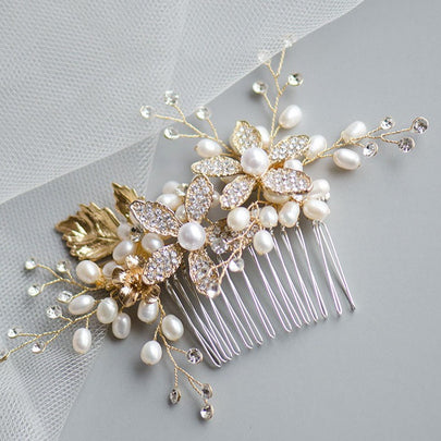 Bridal Veils & Hair Accessories, Golden Rhinestone Sunflowers Pearls Handmade Bridal Headpiece, Wedding Comb