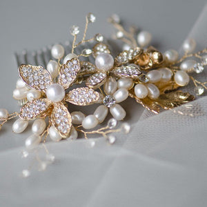 Golden Rhinestone Sunflowers Pearls Handmade Bridal Headpiece, Wedding Comb
