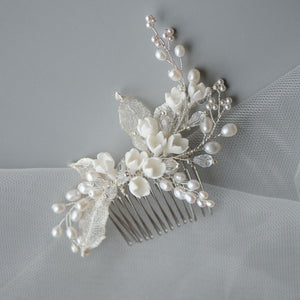 Bridal Veils & Hair Accessories, Delicate Tulip Porcelain Flowers & Pearls Bridal Headpiece, Handmade Hair Comb