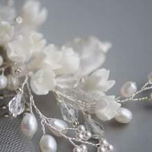 Load image into Gallery viewer, Delicate Tulip Porcelain Flowers &amp; Pearls Bridal Headpiece, Handmade Hair Comb