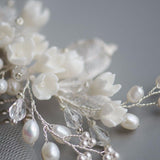 Delicate Tulip Porcelain Flowers & Pearls Bridal Headpiece, Handmade Hair Comb