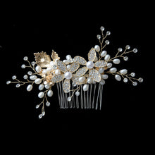 Load image into Gallery viewer, Bridal Veils &amp; Hair Accessories | Gold Rhinestone Sunflowers Pearl Headpiece, Wedding Comb