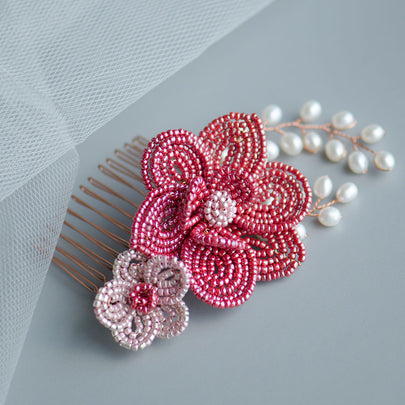 Bridal Veils & Hair Accessories, French Beaded Flowers in Red and Pink Bridal Headpiece Chinese Wedding