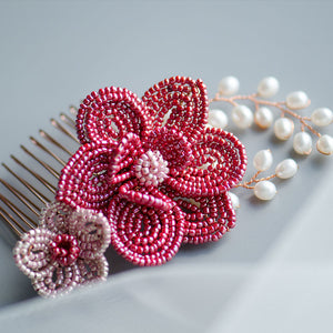 French Beaded Flowers Hair Accessories in Red and Pink, for Chinese Wedding