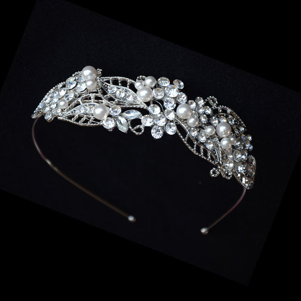 Classic Leaf Shape Swarovski Pearls and Crystals Tiara, Pearls Wedding Crown