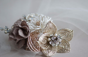 Rustic flower cluster wedding headpiece, French beaded flower hair comb, rustic bridal headpiece