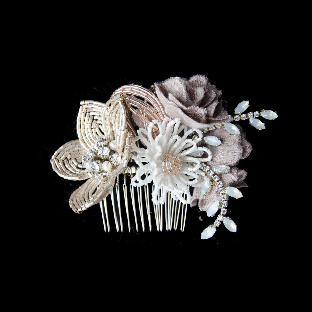 Rustic flower cluster wedding headpiece, French beaded flower hair comb, rustic bridal headpiece