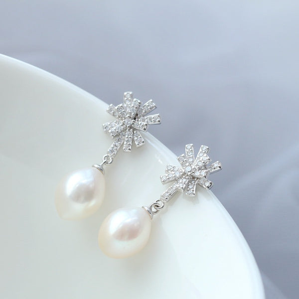 Freshwater Pearl on Cubic Zirconia Sterling Silver Drop Earrings, Bridal Earrings